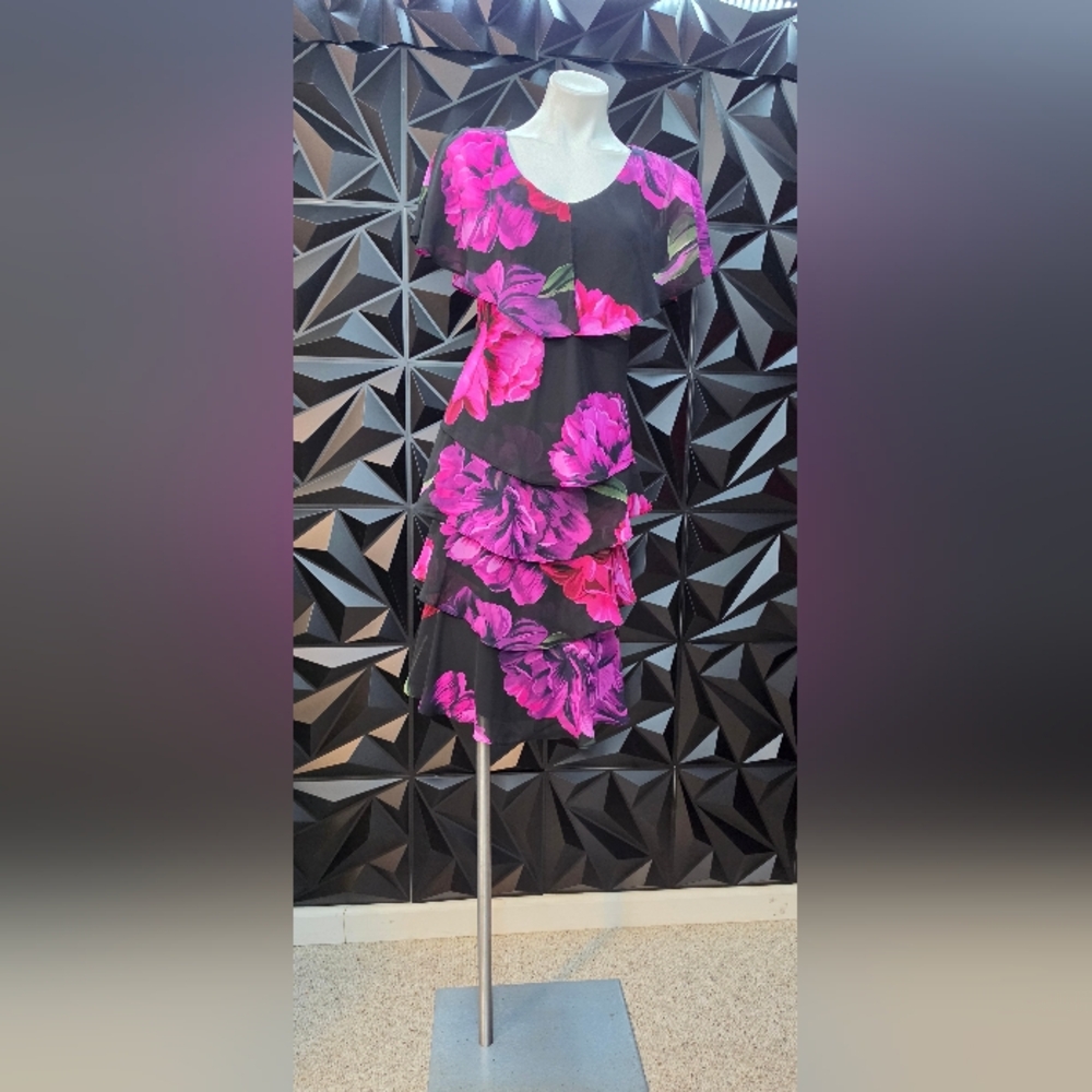 SLNY Black Dress with Pink Floral Design
